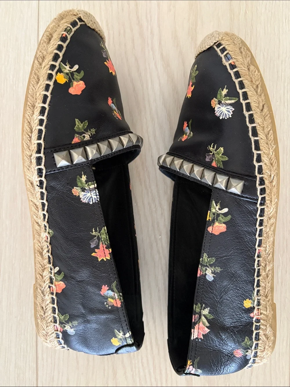Saint Laurent Black Floral Espadrilles with Silver Stud Trim